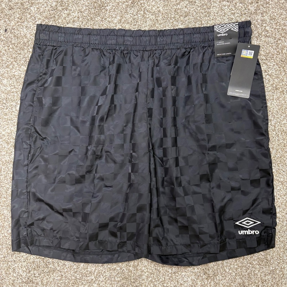 NEW Umbro Soccer Shorts Mens Large Black Checkerboard Retro Athletic 7" Inseam